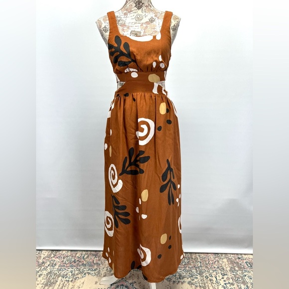 ILLA ILLA Brown and White graphic print open waist sleeveless maxi dress size S - Picture 3 of 14